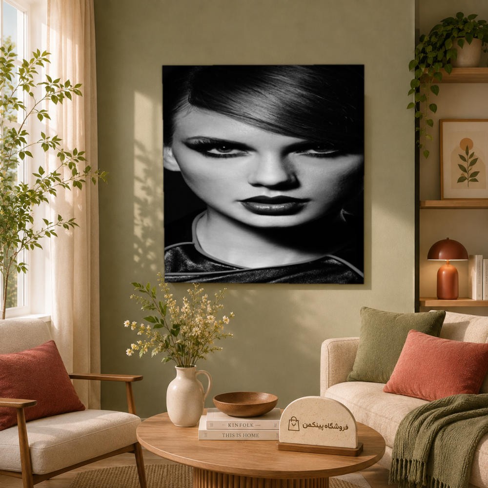 تابلو شاسی پینکمن طرح تیلور سویفت پرتره مشکی و سفید - Taylor Swift Portrait Black And White کد Jm 13