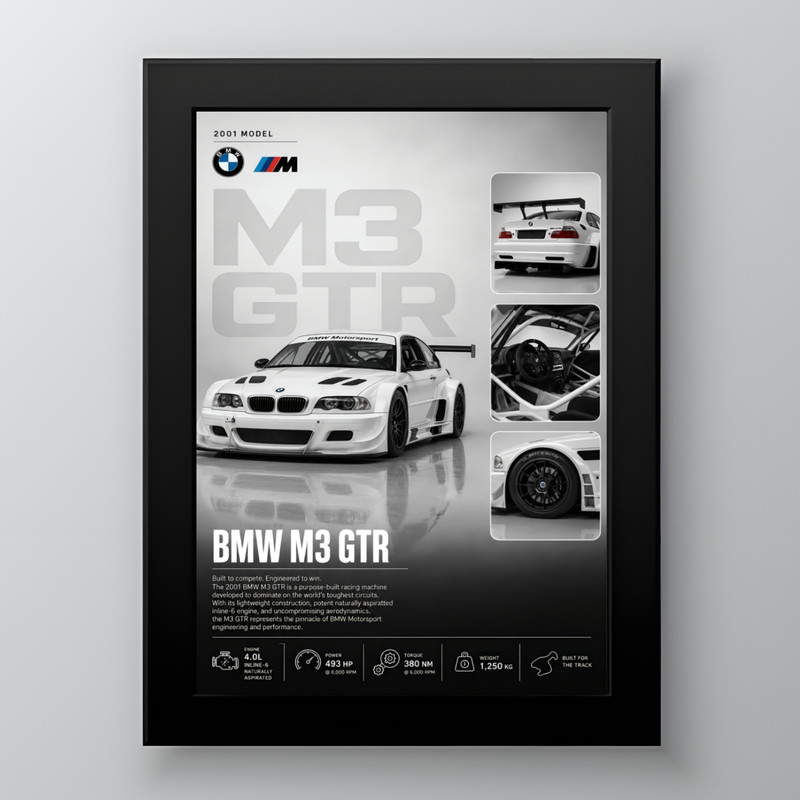 تابلو طرح ماشین بی ام و BMW M3 GTR مدل دکوراتیو ماشینی فریم مشکی