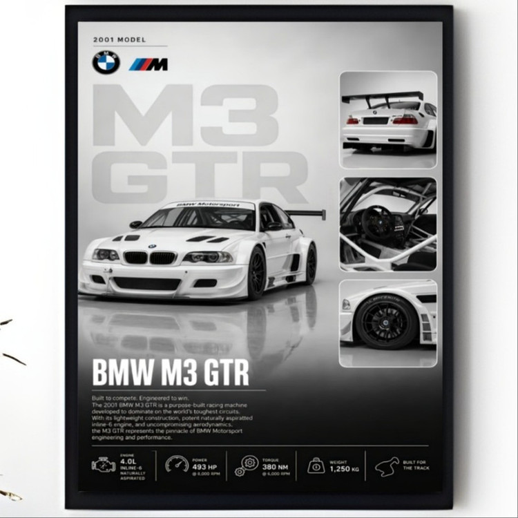 تابلو طرح ماشین بی ام و BMW M3 GTR مدل دکوراتیو ماشینی فریم مشکی