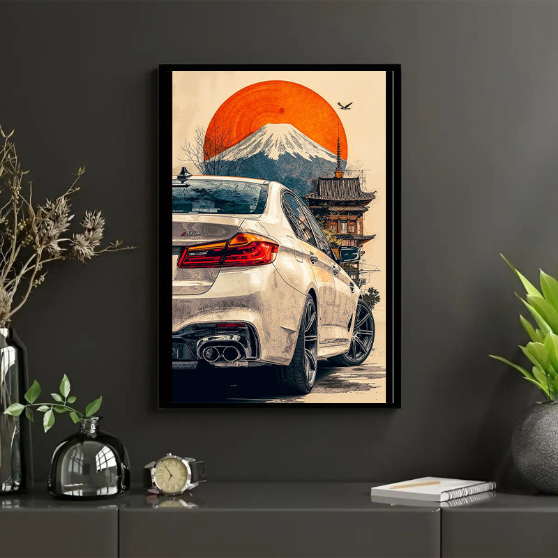 تابلو طرح BMW و کوه فوجی کد 01 فریم مشکی