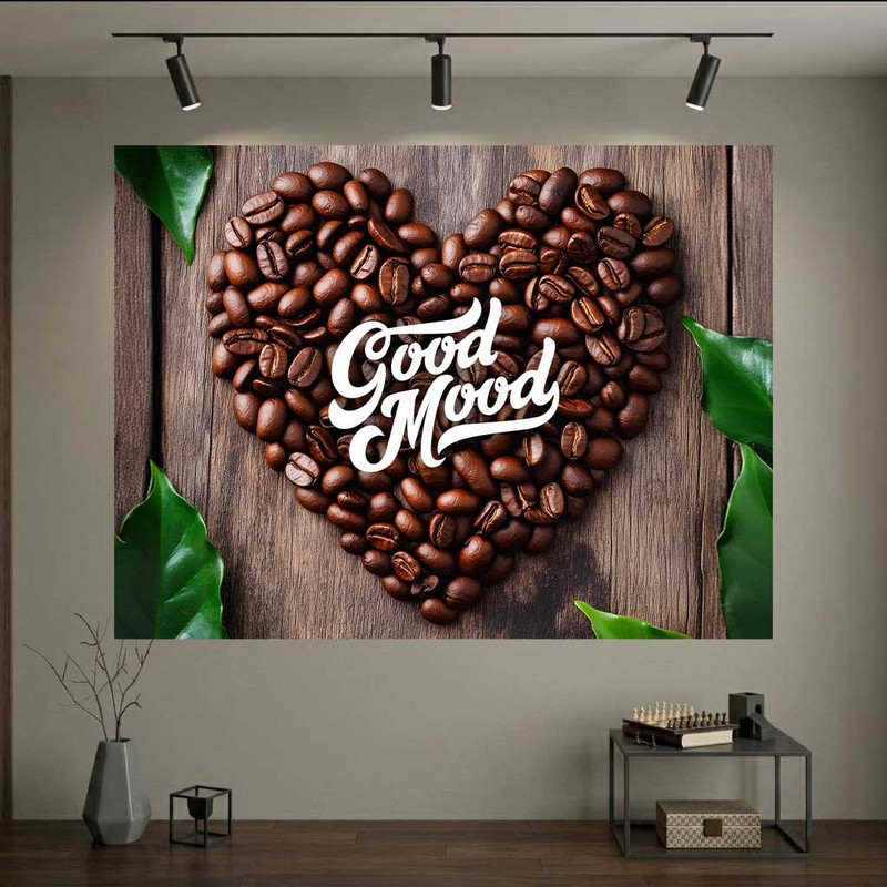 پوستر طرح  کافه مدل قلب با دانه های قهوه Good Mood کد DV1088