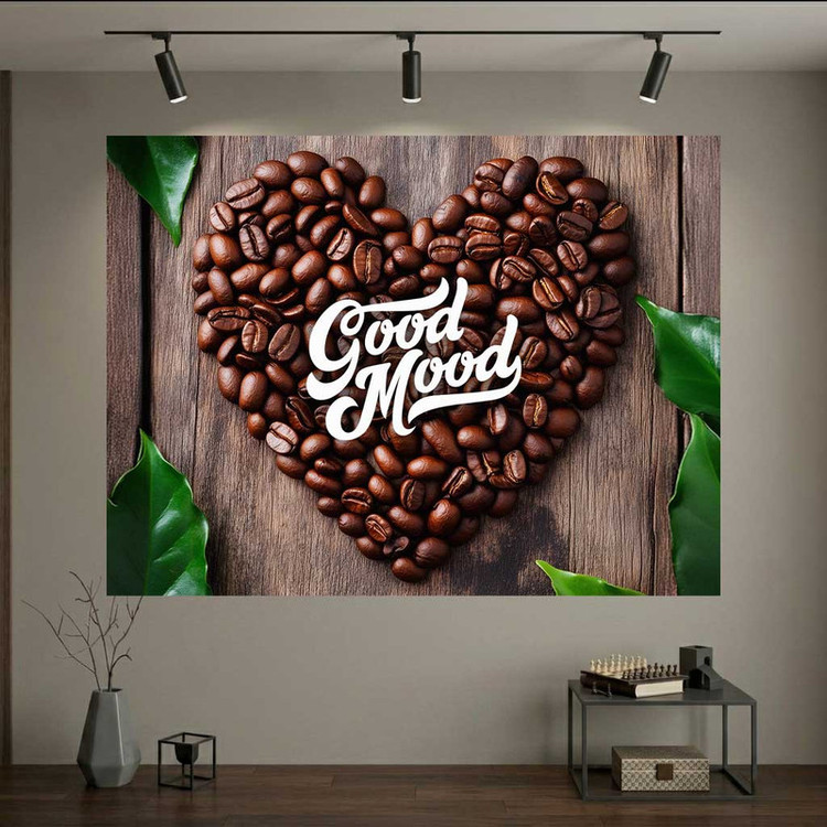 پوستر طرح کافه مدل قلب با دانه های قهوه Good Mood کد DV1088