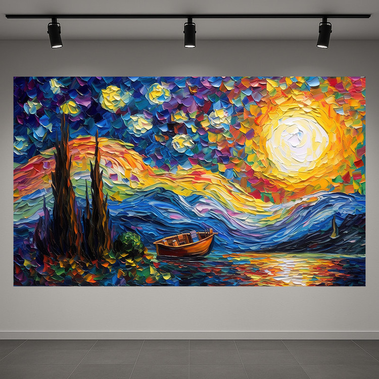 پوستر طرح شب پر ستاره مدل قایق چوبی کد AR3059815