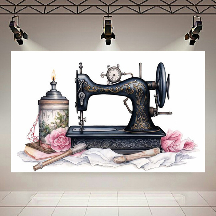 پوستر طرح چرخ خیاطی نوستالژیک مدل آبرنگی مشکی کد PD130357