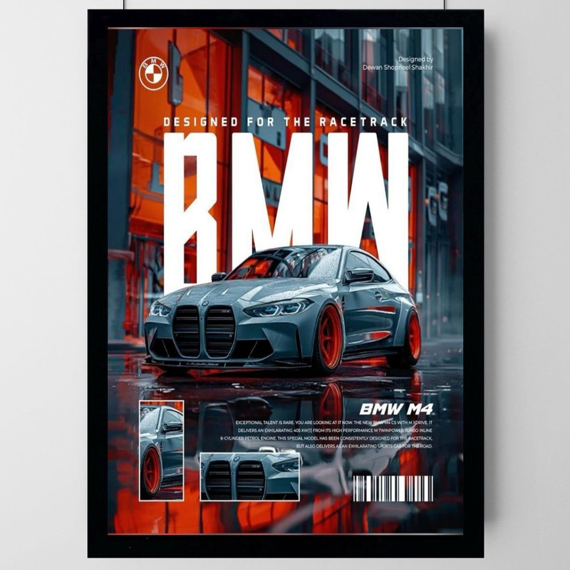 تابلو طرح ماشین BMW M4 مدل دکوراتیو فریم مشکی